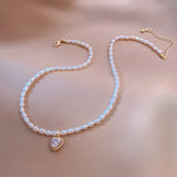 Heart Freshwater Pearl Pendant Necklace with Cubic Zirconia 14K Filled
