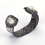 Freshwater Pearl Druzy Stone Charm Dark Gray Leather Bangle Cuff