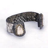 Freshwater Pearl Druzy Stone Charm Dark Gray Leather Bangle Cuff