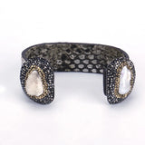 Freshwater Pearl Druzy Stone Charm Dark Gray Leather Bangle Cuff