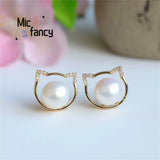 Freshwater Pearl S925 Cat Earrings Women Charm Holiday Gift