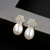 Freshwater Pearl Stud Earrings Sterling Silver Zircon Flower Jewelry