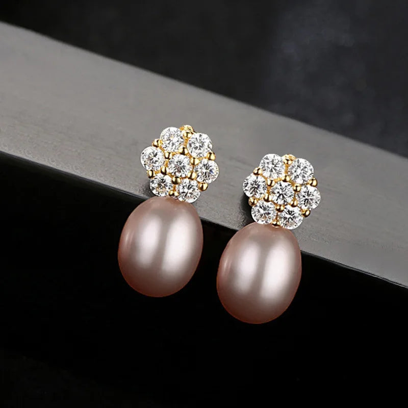 Freshwater Pearl Stud Earrings Sterling Silver Zircon Flower Jewelry