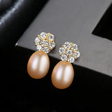 Freshwater Pearl Stud Earrings Sterling Silver Zircon Flower Jewelry