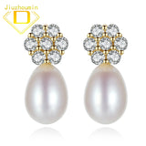 Freshwater Pearl Stud Earrings Sterling Silver Zircon Flower Jewelry