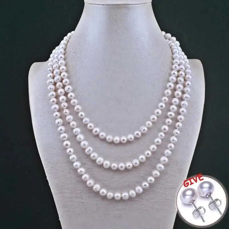 Layered Freshwater Pearl Sweater Chain Necklace 8-9mm