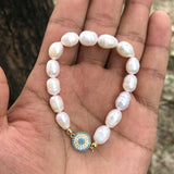 Freshwater Pearl Eye Bracelet with CZ Stretch Bangle for Women
