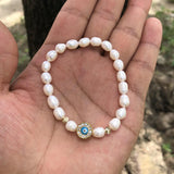 Freshwater Pearl Eye Bracelet with CZ Stretch Bangle for Women