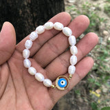 Freshwater Pearl Eye Bracelet with CZ Stretch Bangle for Women