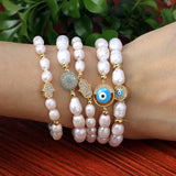 Freshwater Pearl Eye Bracelet with CZ Stretch Bangle for Women