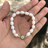 Freshwater Pearl Eye Bracelet with CZ Stretch Bangle for Women