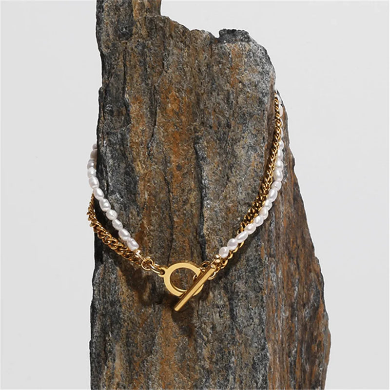Freshwater Pearl Women Bracelet Brass Titanium Steel Clasp Double Stacked