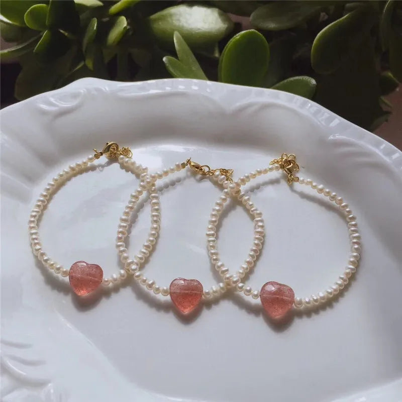 Freshwater Pearls Pink Strawberry Crystal Bracelet Women Jewelry Gift