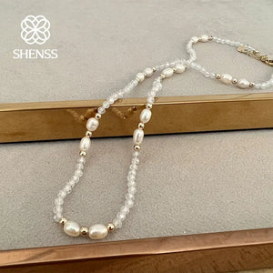 Freshwater Rice Pearl Necklace Stainless Steel Zircon Jewelry