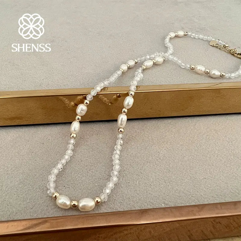 Freshwater Rice Pearl Necklace Stainless Steel Zircon Jewelry