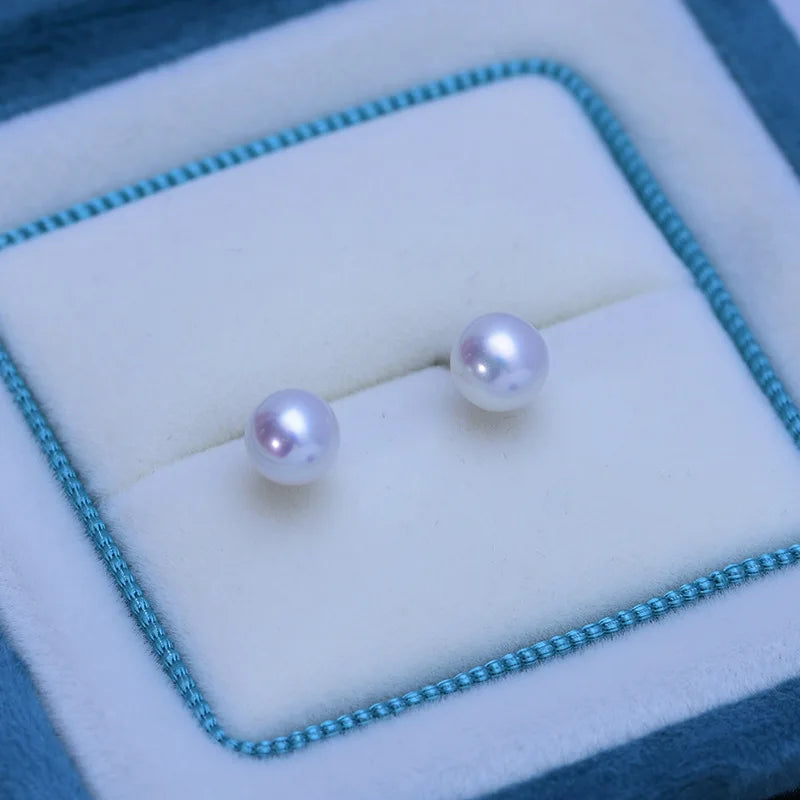 6-7mm Round Freshwater Pearl Stud Earrings 925 Silver Women Jewelry
