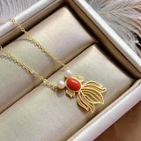 S925 Sterling Silver South Red Fish Pendant with Natural Pearl Fish Eye