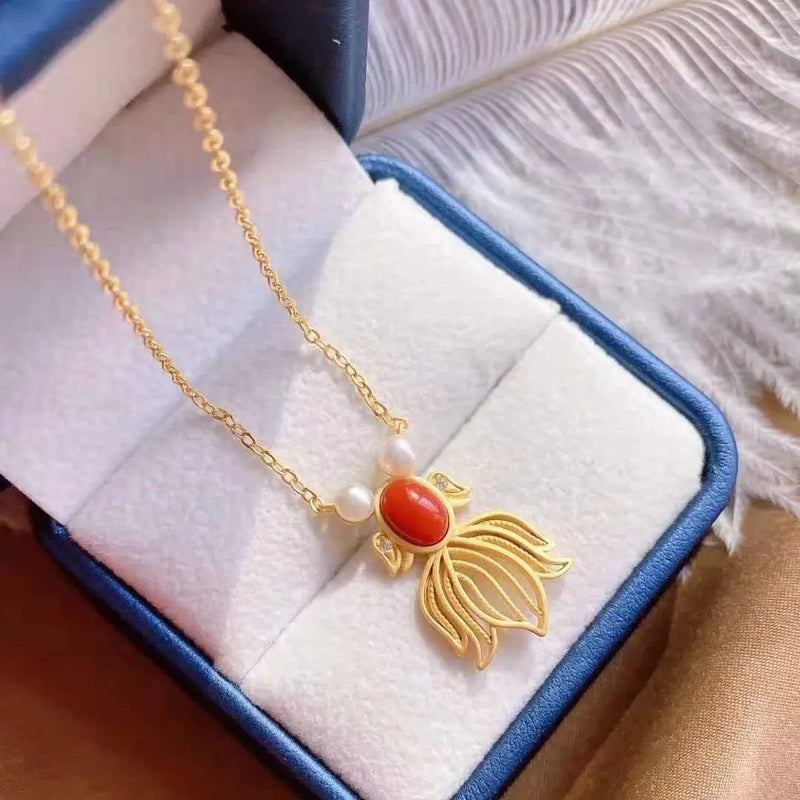 S925 Sterling Silver South Red Fish Pendant with Natural Pearl Fish Eye