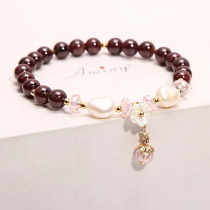 Garnet Crystal Bracelet Freshwater Pearl Female Lady Shell Flower Jewelry