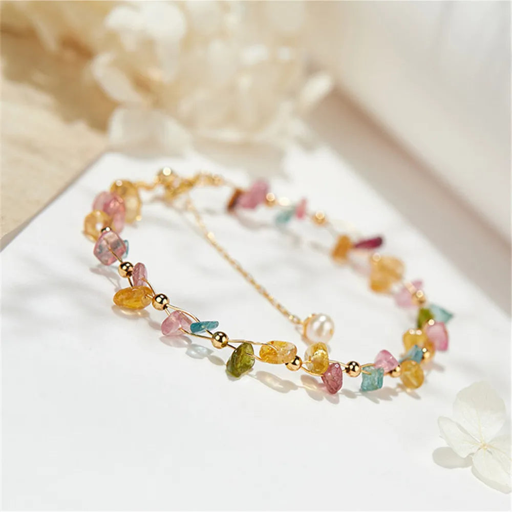 Natural Garnet Green Agate Colored Tourmaline Adjustable Bracelet Hand Winding