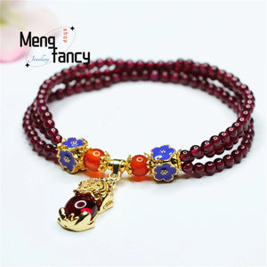 Garnet Multi-ring Crystal Pixiu Tassel Beads Bracelet Women Fine Jewelry