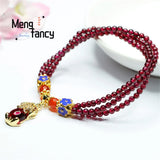 Garnet Multi-ring Crystal Pixiu Tassel Beads Bracelet Women Fine Jewelry
