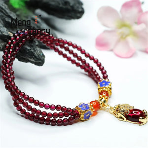 Garnet Multi-ring Crystal Pixiu Tassel Beads Bracelet Women Fine Jewelry