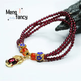 Garnet Multi-ring Crystal Pixiu Tassel Beads Bracelet Women Fine Jewelry