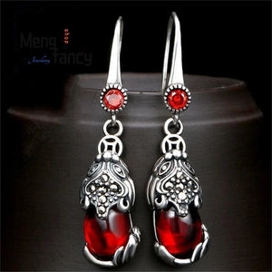 Garnet Pixiu S925 Silver Earrings Charms Fine Jewelry for Women