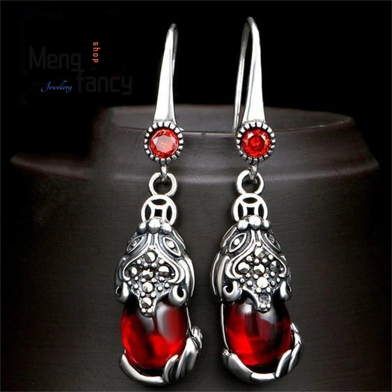 Garnet Pixiu S925 Silver Earrings Charms Fine Jewelry for Women