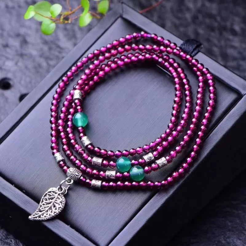 Purple Yaw Garnet Circle Bracelet with Leaf Pendant