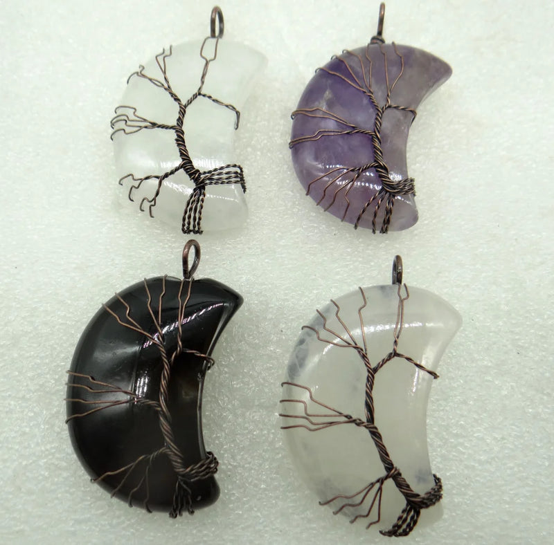 Quartz Crystal Moon Tree Of Life Pendant Reiki Jewelry
