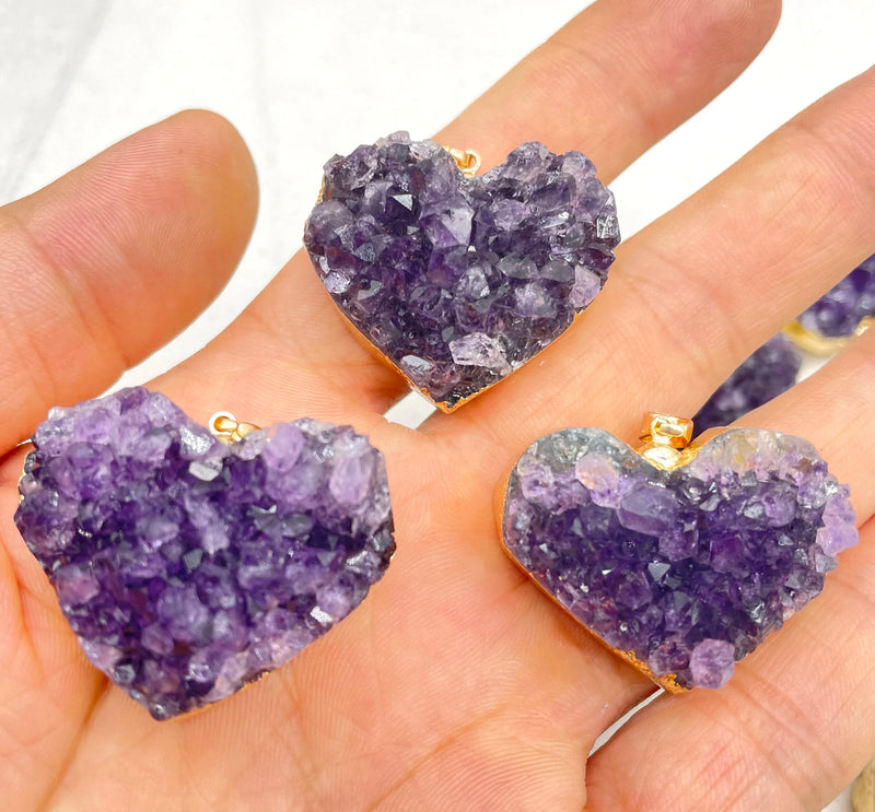 Amethyst Rough Slab Geode Heart Pendant 4pcs