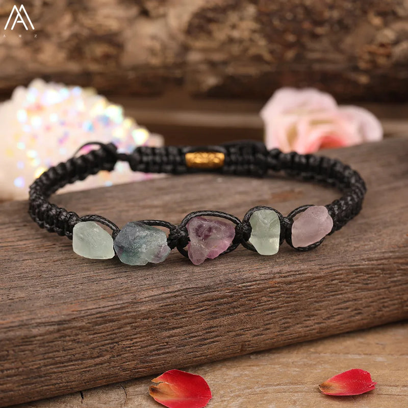 Gem Stone Chip Beads Knotted Braided Bracelet Citrines Amethysts Quartz Woven