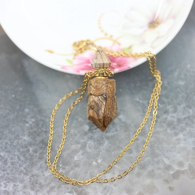 Natural Gems Stone Faceted Prism Perfume Bottle Pendant Necklace