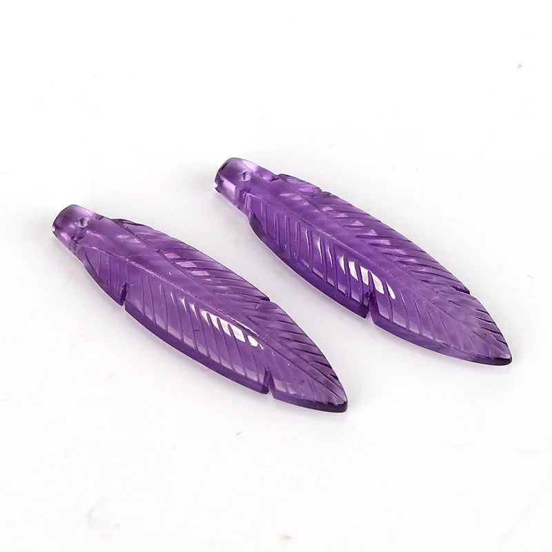 Gemstone Hand Carved Feather Earrings Amethyst Quartz DIY 35x9x4mm