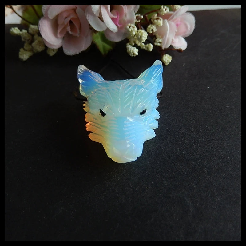 Opalite Wolf Head Necklace Pendant, Natural Gemstone Carving
