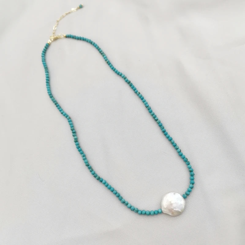 Gemstone Choker Necklace Turquoise Pearl Bohemian Necklace