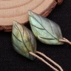 Labradorite Hand Carved Leaves Women Earrings 29x17x8mm 3.4g