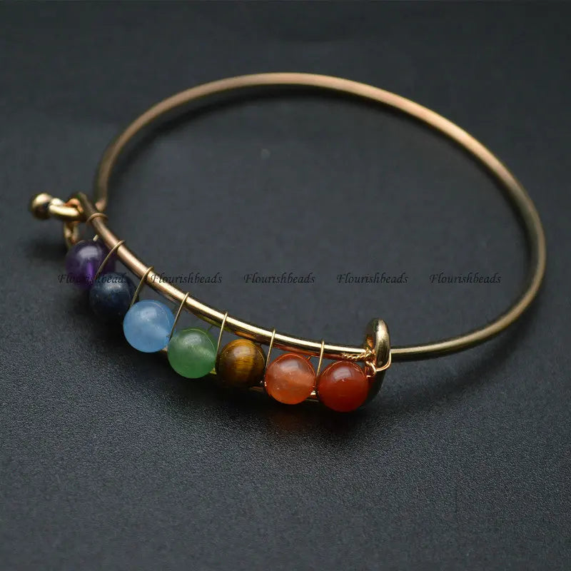 Gemstone Round Beads Chakra Bangle Bracelet, Adjustable Gift