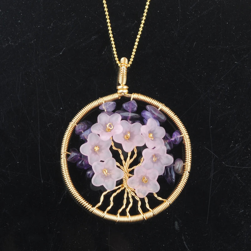 Gemstone Tree Of Life Pendant Necklace Copper Wire Wrapped 7 Chakra Stone Chain