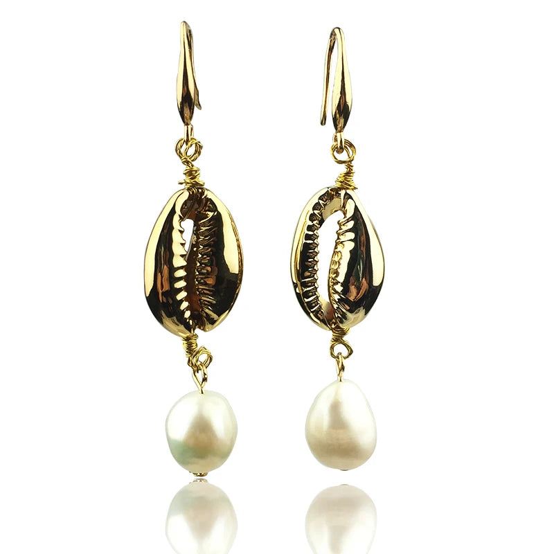 Cowrie Shell Earring Freshwater Baroque Pearl Boho Jewelry for Women