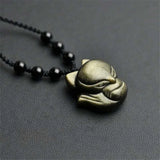 Obsidian Fox Pendant Necklace Wealth Luck 30x25mm Gemstone Jewelry