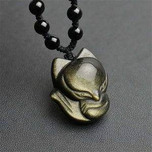 Obsidian Fox Pendant Necklace Wealth Luck 30x25mm Gemstone Jewelry