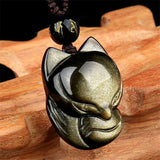 Obsidian Fox Pendant Necklace Wealth Luck 30x25mm Gemstone Jewelry
