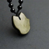 Obsidian Fox Pendant Necklace Wealth Luck 30x25mm Gemstone Jewelry