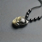 Obsidian Fox Pendant Necklace Wealth Luck 30x25mm Gemstone Jewelry