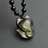 Obsidian Fox Pendant Necklace Wealth Luck 30x25mm Gemstone Jewelry