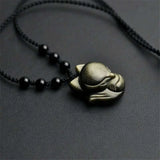 Obsidian Fox Pendant Necklace Wealth Luck 30x25mm Gemstone Jewelry