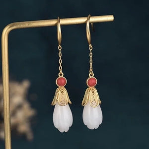 Silk Jade 925 Silver Magnolia Earrings Long Temperament Hanfu Pendant Earrings